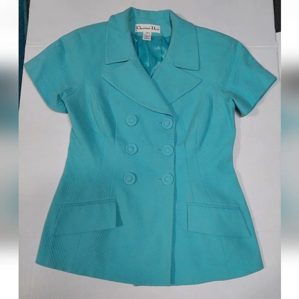 Vintage Christian Dior Teal Double Breasted Blazer Jacket Short Sleeve Women’s 8